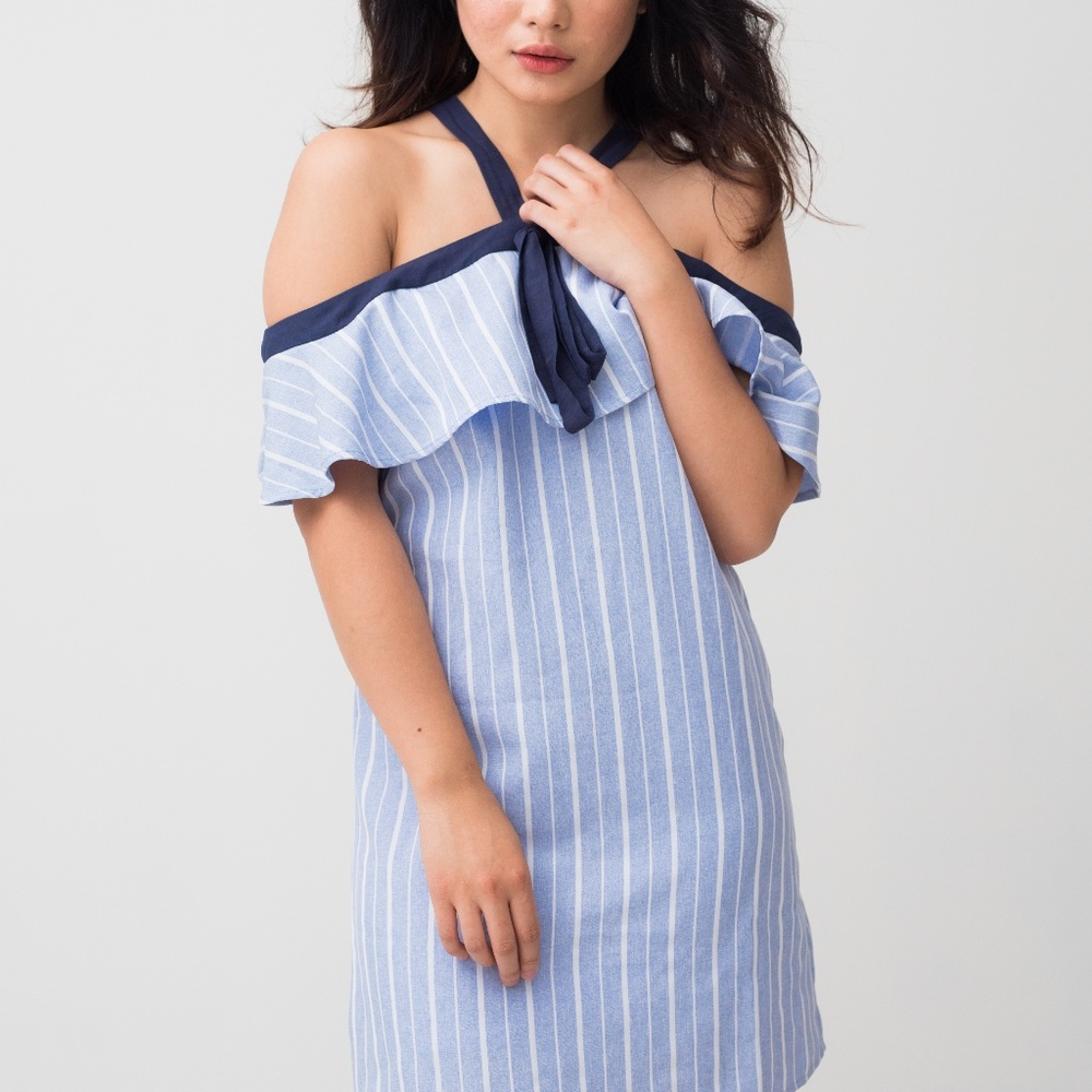 Strappy Striped Navy Off Shoulder Tie Short Dress